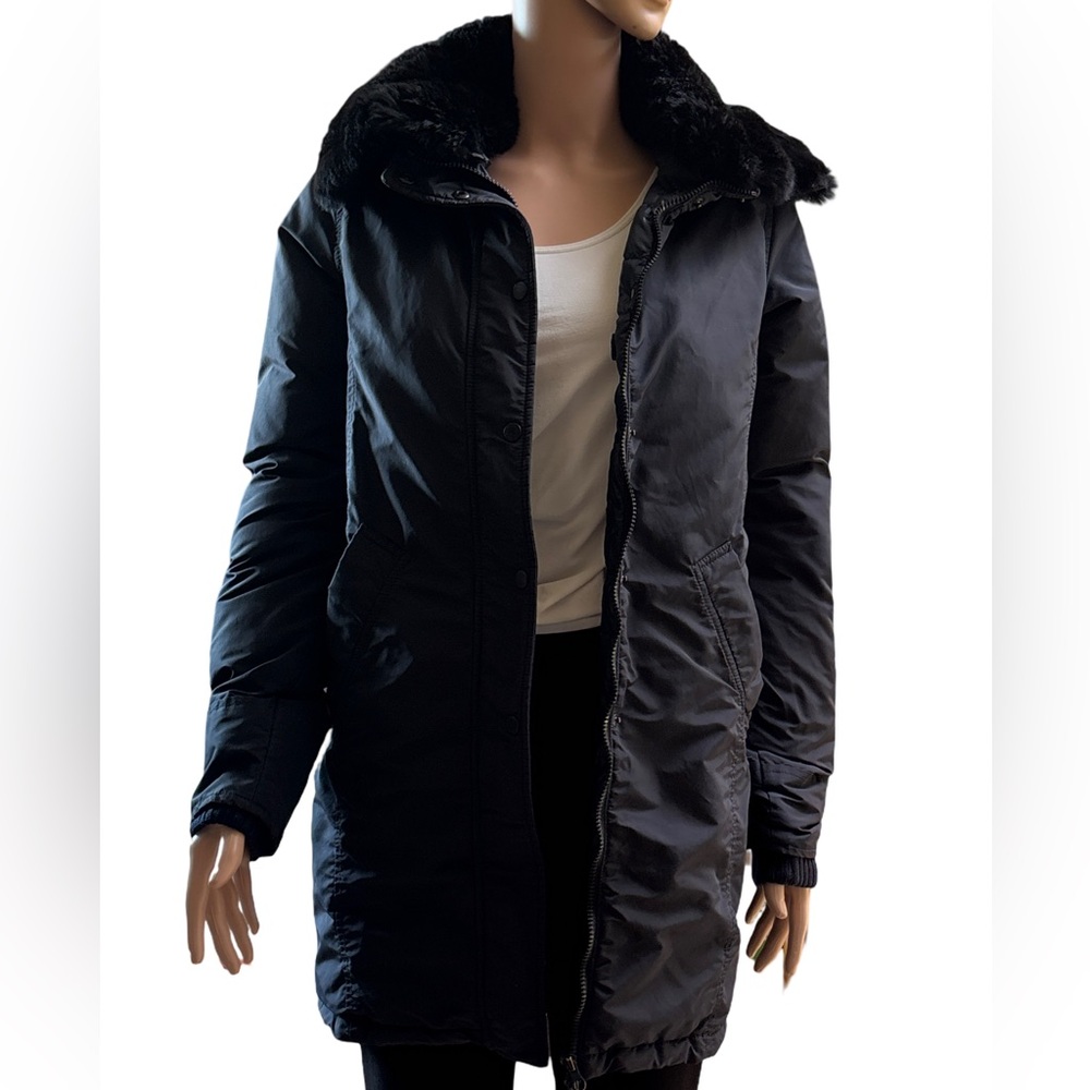 Duvetica Black Long Puffer Coat with detachable rabbit fur collar 42-Small